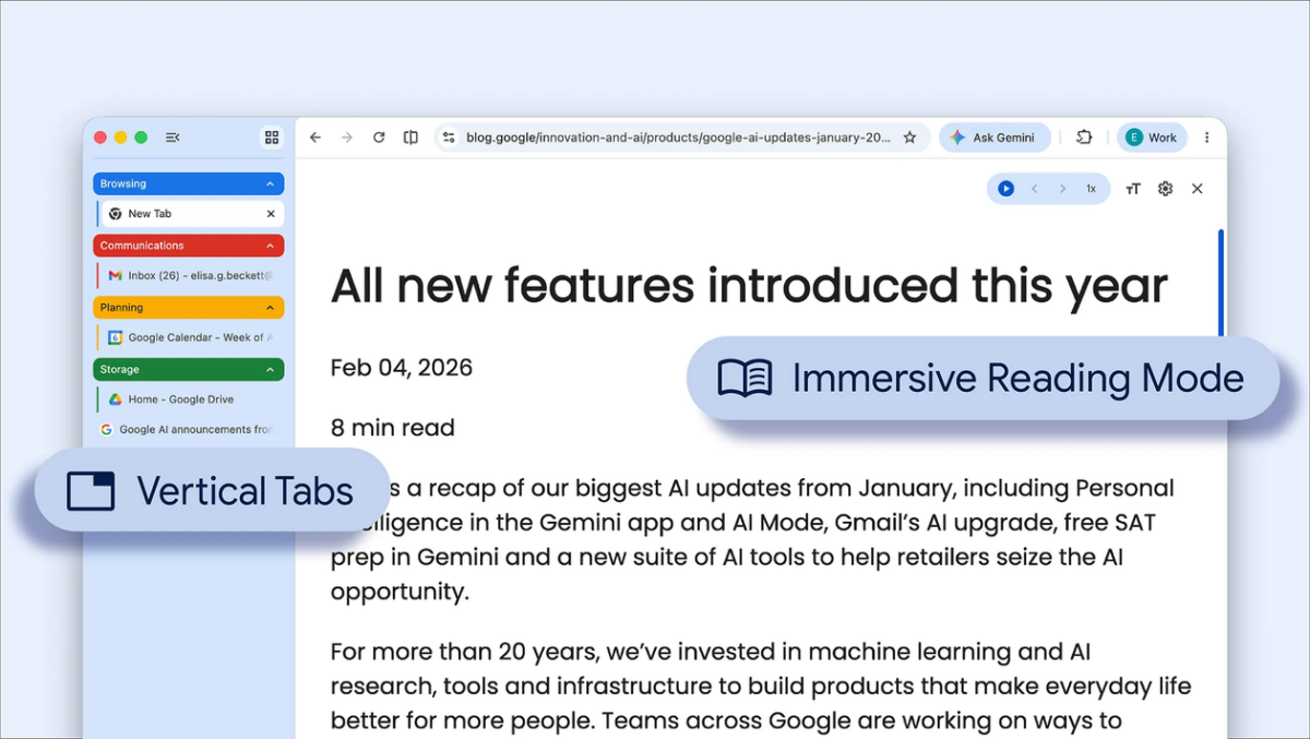 Google Chrome ganha abas verticais e novo Modo de Leitura em tela cheia