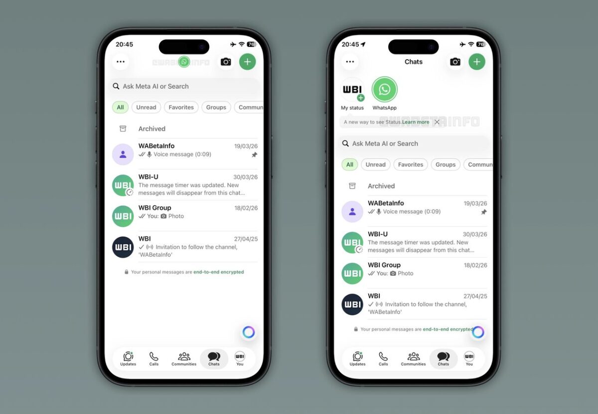 WhatsApp testa exibir barra de Status no topo da aba de Conversas