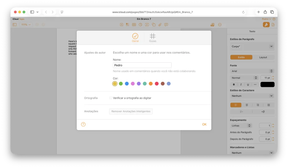 Como mudar o nome e a cor dos comentários no Pages, Numbers e Keynote [web]