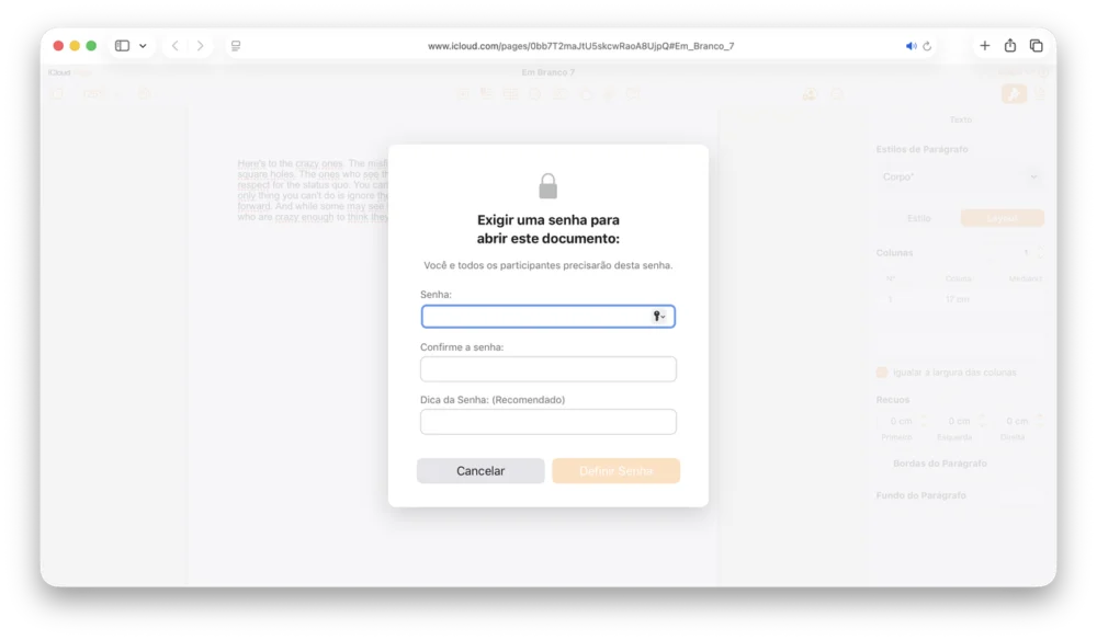 Como proteger um documento do Pages, Numbers ou Keynote no iCloud.com