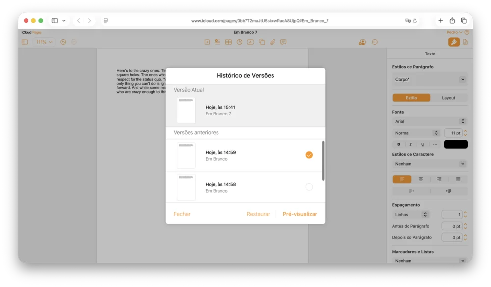 Como restaurar uma versão antiga de um arquivo no Pages, Numbers e Keynote pela web
