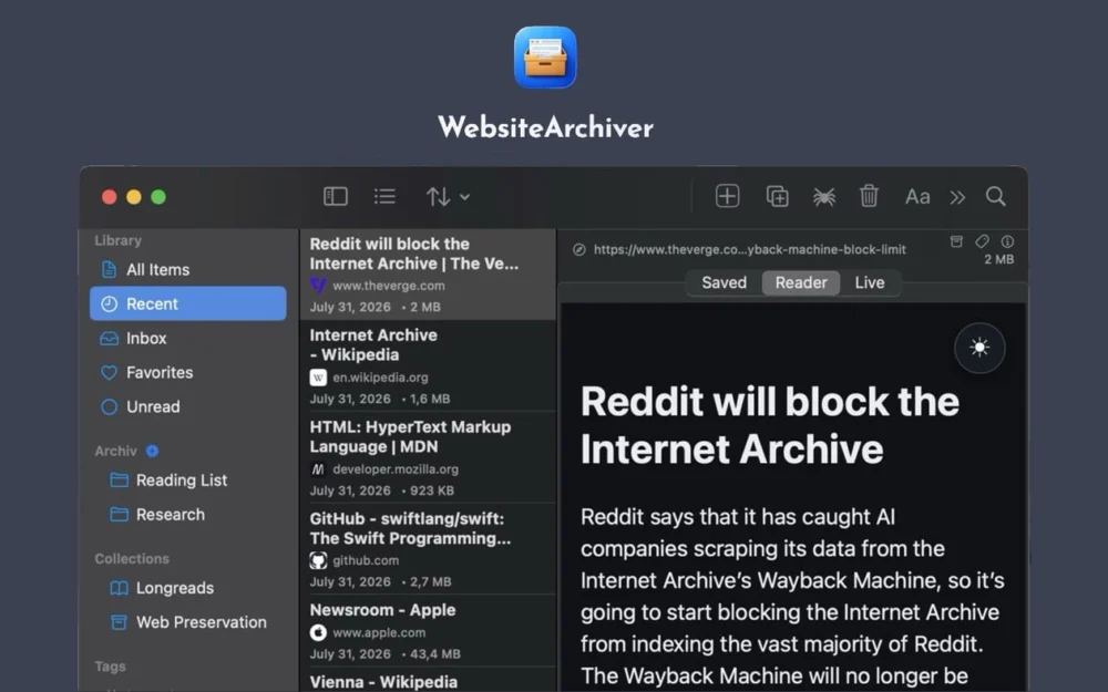 WebsiteArchiver é um utilitário para macOS que salva páginas da web com praticidade