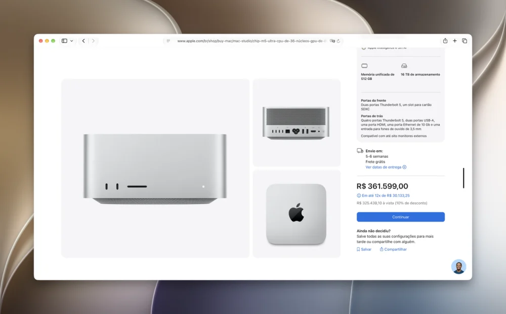 Apple disponibiliza Mac Studio (M5 Ultra) com 512GB de RAM; modelo custa até R$361.599,00 no Brasil
