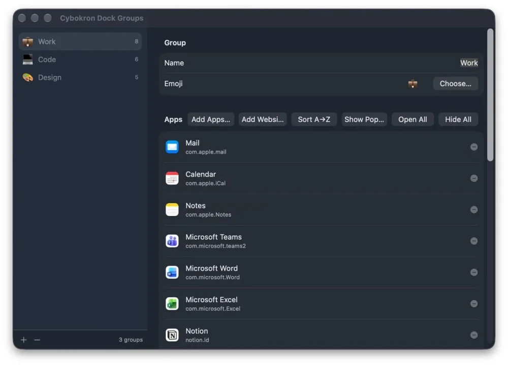 Cybokron Dock Groups permite abrir, ocultar e fechar grupos de apps no macOS