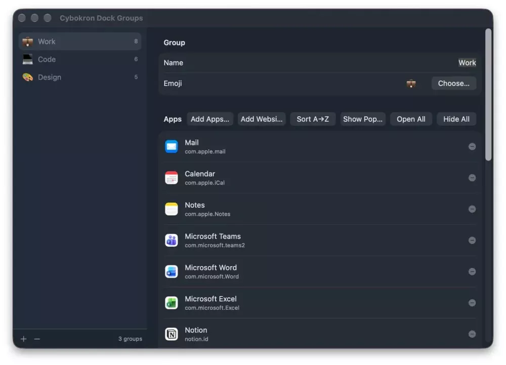 Cybokron Dock Groups permite abrir, ocultar e fechar grupos de apps no macOS